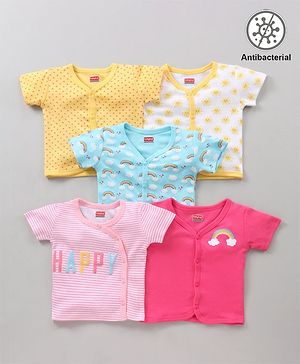 Babyhug 100% Cotton Antibacterial Half Sleeves Vests Rainbow Print Pack of 5 - Pink Blue Yellow White