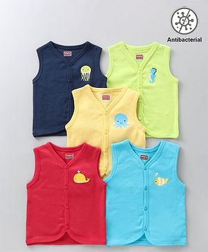 Babyhug 100% Cotton Anti-Bacterial Vests Sea Creatures Print Pack Of 5 - Multicolor