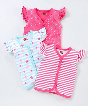 Babyhug 100% Cotton Flutter Sleeves Polka Dots Print & Striped Vest Pack of 3 - Multicolour