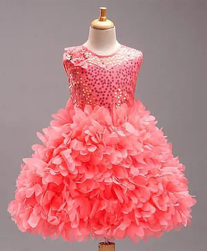 Enfance Sleeveless Flower Sequins Ruffle Flare Dress - Peach