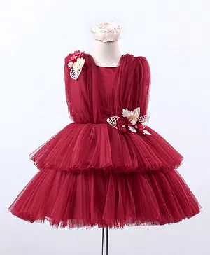 Enfance Sleeveless Flower Applique Layered Party Dress - Maroon