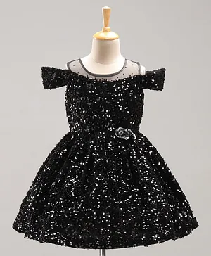 Enfance Short Sleeves Sequin Embellished Cold Shoulder Dress - Black