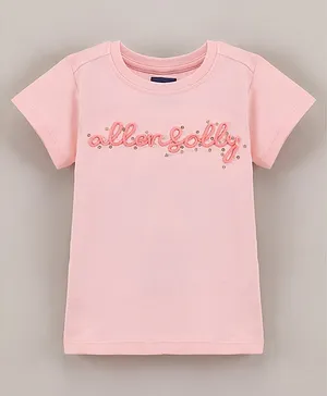 Allen Solly Juniors Half Sleeves Cotton T-shirt Embroidered Brand with Sequins - Pink