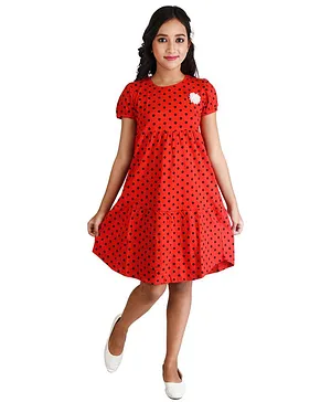 Clothe Funn Half Sleeves Polka Dot Printed Dress - Red