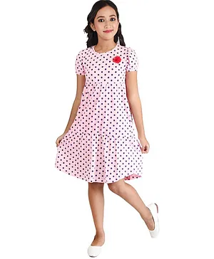 Clothe Funn Half Sleeves Polka Dot Printed Dress - Light Pink