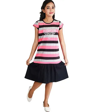 Clothe Funn Short Sleeves Striped Dress - Pink & Black