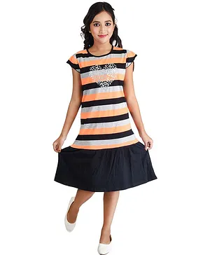 Clothe Funn Short Sleeves Striped Dress - Orange & Black