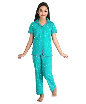 Clothe Funn Half Sleeves All Over Heart Printed Night Suit - Sea Green