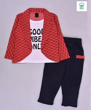 Kiwi Printed Full Sleeves Checks Print Blazer With Attached Good Vibes Only Print T Shirt And Lounge Pants - Red