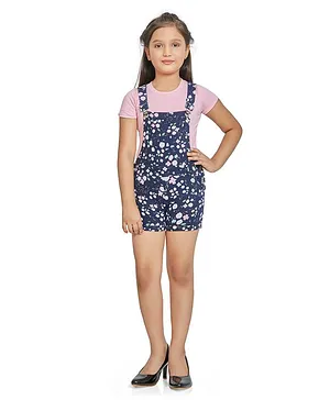 Peppermint Short Sleeves Tee With Floral Print Dungaree - Navy Blue
