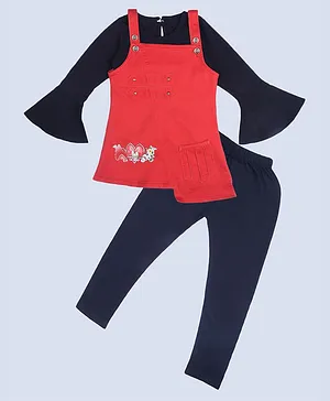 ZIBA CLOTHING Full Sleeves Dungaree Top & Solid Pant Set - Red & Black