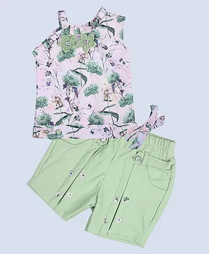 ZIBA CLOTHING Sleeveless Floral Print Top & Shorts Set - White & Green