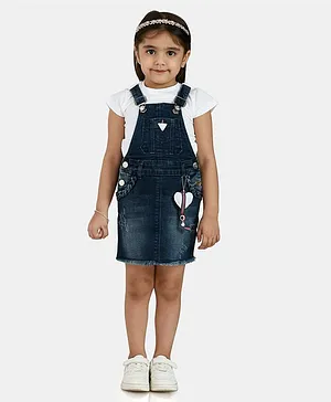 Peppermint Short Sleeves Solid Colour Tee With Dungaree - White & Blue