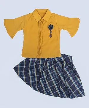 ZIBA CLOTHING Half Bell Sleeves Floral Applique Top With Checks Skirt Set - Mustard Yellow & Blue