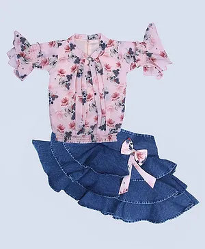 ZIBA CLOTHING Half Sleeves Floral Top With Layered Denim Skirt - Peach & Blue
