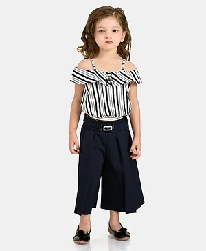 Peppermint Cold Shoulder Short Sleeves Stripes Top & Solid Culottes Set - Navy Blue