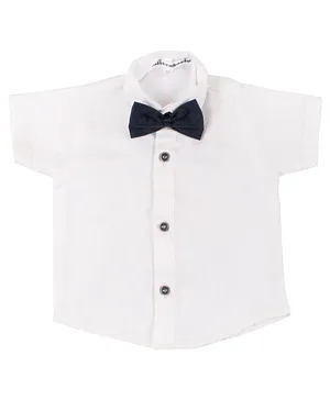 Mittenbooty Half Sleeves Solid Colour Shirt With Attached Bow Tie - White