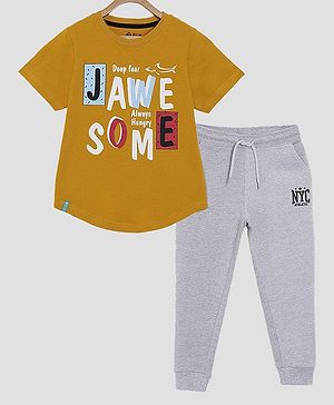 3PIN Half Sleeves Text Printed Tee With Joggers - Mustard & Grey