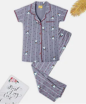 punkster Half Sleeves Striped Night Suit - Purple