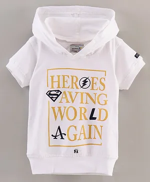 Noddy Half Sleeves Heroes Saving World Again Print Hooded T Shirt - White