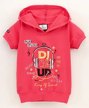 Noddy Half Sleeves DJ Headphones Printed Hooded Tee - Red