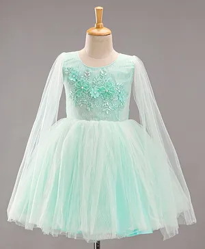 Babyhug Sleeveless Party Wear Frock With Floral Applique & Net Detailing - Mint Green