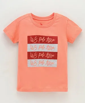 US Polo Assn Half Sleeves T-Shirt with Glitter Print - Coral