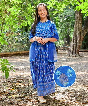 Earthy Touch Woven Half Sleeves Printed Choli with Lehenga and Dupatta- Blue