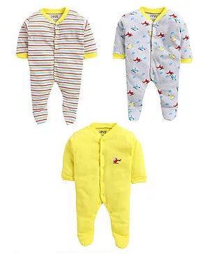 BUMZEE Pack Of 3 Full Sleeves Striped & Helicopter Printed Sleep Suits - Yellow