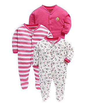 BUMZEE Pack Of 3 Full Sleeves Striped & Bunny Printed Sleep Suits - Pink