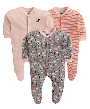 BUMZEE Pack Of 3 Full Sleeves Striped & Dinosaur Printed Sleep Suits - Peach & Grey