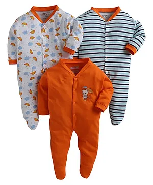 BUMZEE Pack Of 3 Full Sleeves Striped & Umbrella Printed Sleep Suits - Orange