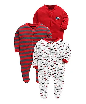 BUMZEE Pack Of 3 Full Sleeves Striped & Car Printed Sleep Suits - Red