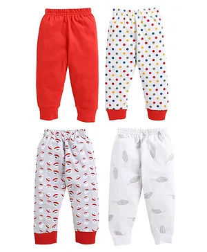 BUMZEE Pack Of 4 Full Length Solid And Printed Pyjamas - Red White