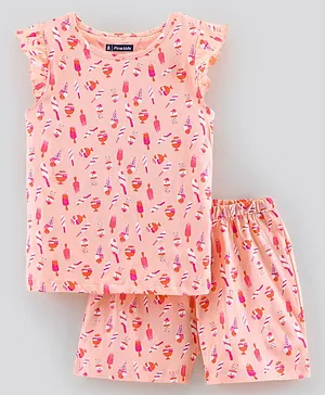 Pine Kids Bio-Washed Frill Sleeves Cotton Shorts Set Ice-Cream Printed - Peach