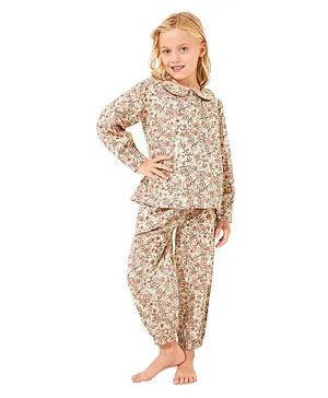 Cherry Crumble by Nitt Hyman Full Sleeves All Over Floral Print Night Suit - Brown
