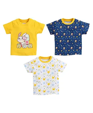 BUMZEE Pack Of 3 Half Sleeves All Over Animals Printed Tees - Yellow Navy Blue & White