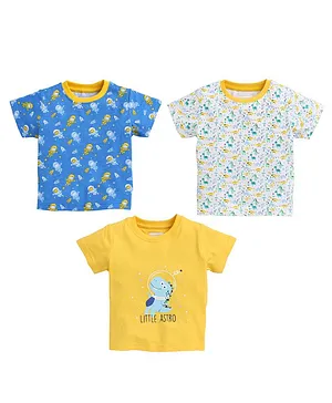 BUMZEE Pack Of 3 Half Sleeves All Over Dinosaurs & Astronauts Printed Tees - Blue White & Yellow
