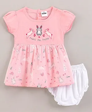 U R CUTE Bunny Embroidered Short Sleeves Dress With Bloomer - Peach