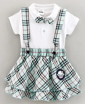 U R CUTE Checked Dungaree Style Skirt  & Solid Print Short Sleeves Tee With Attached Bow - Mint