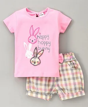 U R CUTE Bunny Print & Appliqued Short Sleeves Tee With Checked Shorts - Pink