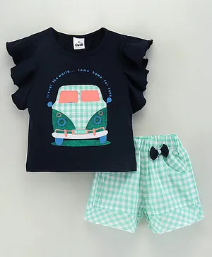 U R CUTE Bus Print Short Sleeves Top With Checked Shorts- Green
