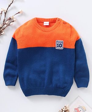 Babyhug Full Sleeves Knit Striped Pullover Text Patch - Navy Blue Orange