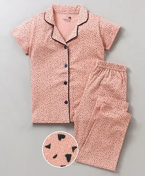 CHICKLETS Half Sleeves Heart Print Night Suit - Peach