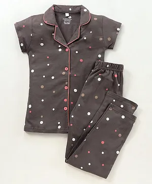 CHICKLETS Polka Dot Print Short Sleeves Shirt With Pajama Night Suit - Brown