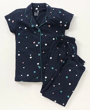 CHICKLETS Polka Dot Print Short Sleeves Shirt With Pajama Night Suit - Navy Blue