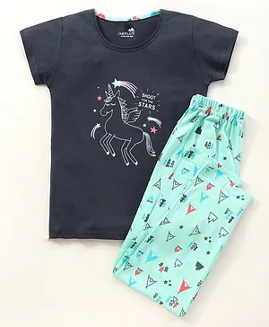 CHICKLETS Short Sleeves Shoot For The Stars Unicorn & Tepee Printed Night Suit - Navy Blue & Light Blue