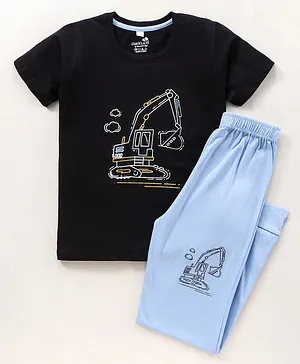 CHICKLETS Bulldozer Print Half Sleeves Tee With Pajama Night Suit - Black