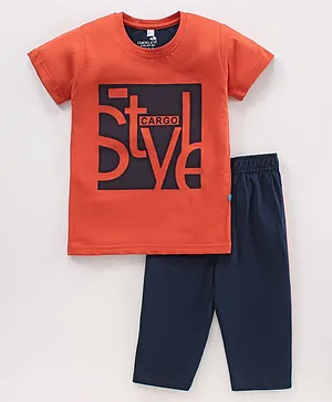 CHICKLETS Half Sleeves Cargo Style Text Printed Night Suit - Orange