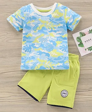 Babyhug Half Sleeves Knit T-Shirt & Shorts Set Leaf Print & Text Patch - Blue Green